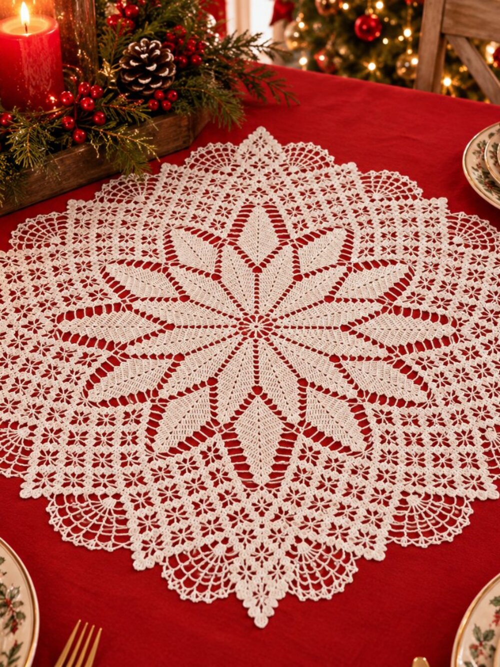 Vintage Hand Crocheted White Cotton Doily 30” Large Floral Starburst Lace